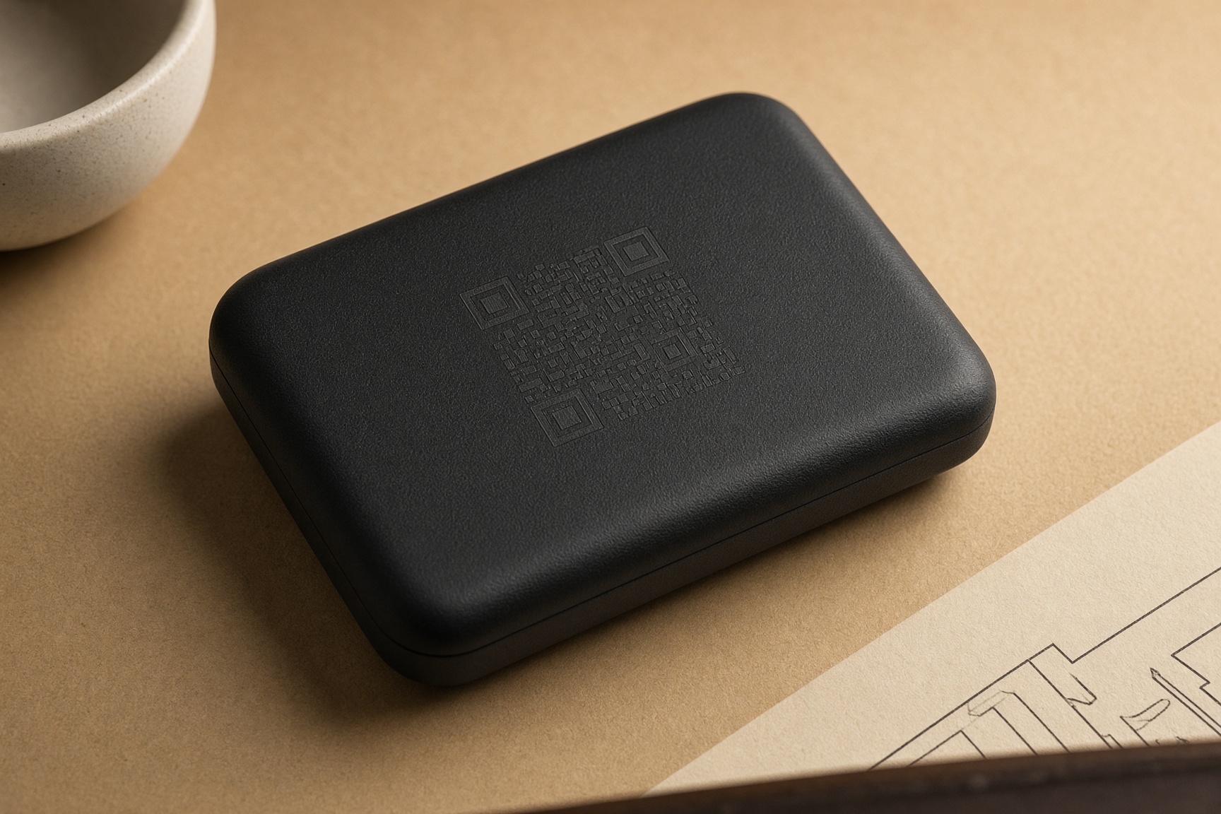 Estuche de plástico duro con un QR marcado en superficie