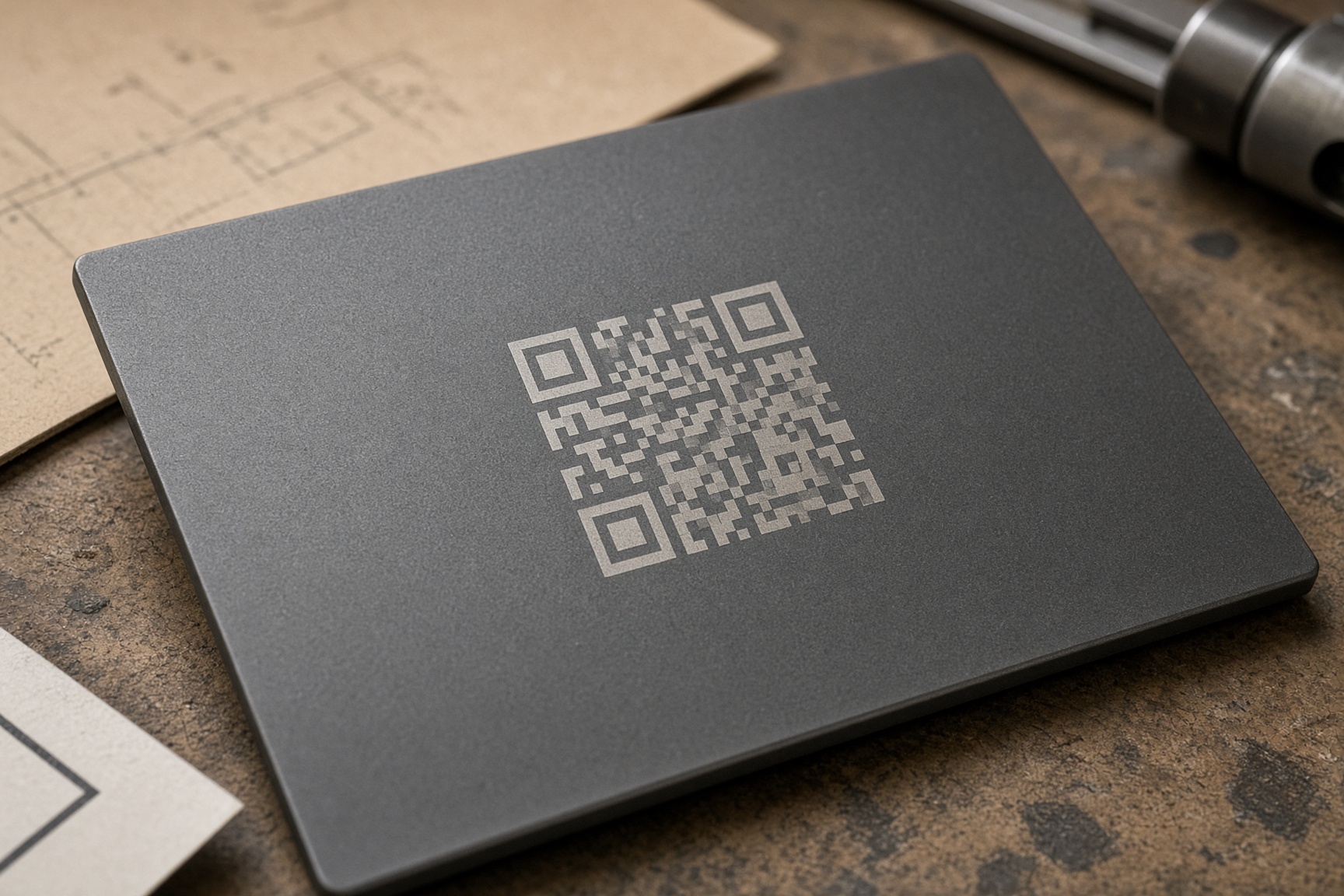 Aluminio anodizado oscuro con un QR marcado en plata