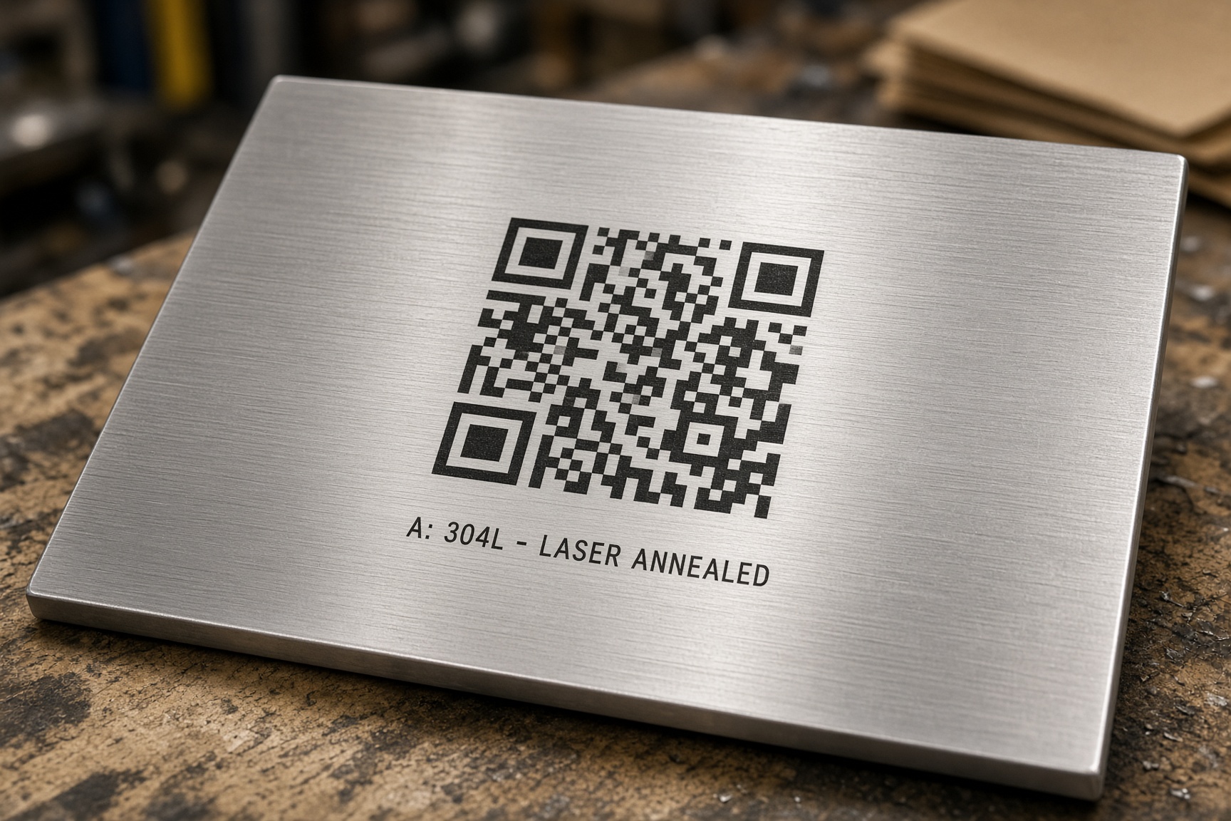 Placa de acero inoxidable con QR negro recocido